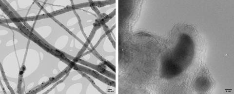 Multi-walled carbon nanotubes with remnants of iron catalyst (Karin Müller, Prof. Krzysztof Koziol, Prof. Slawek Boncel, then Dept. of Chemical Engineering and Biotechnology, Cambridge).