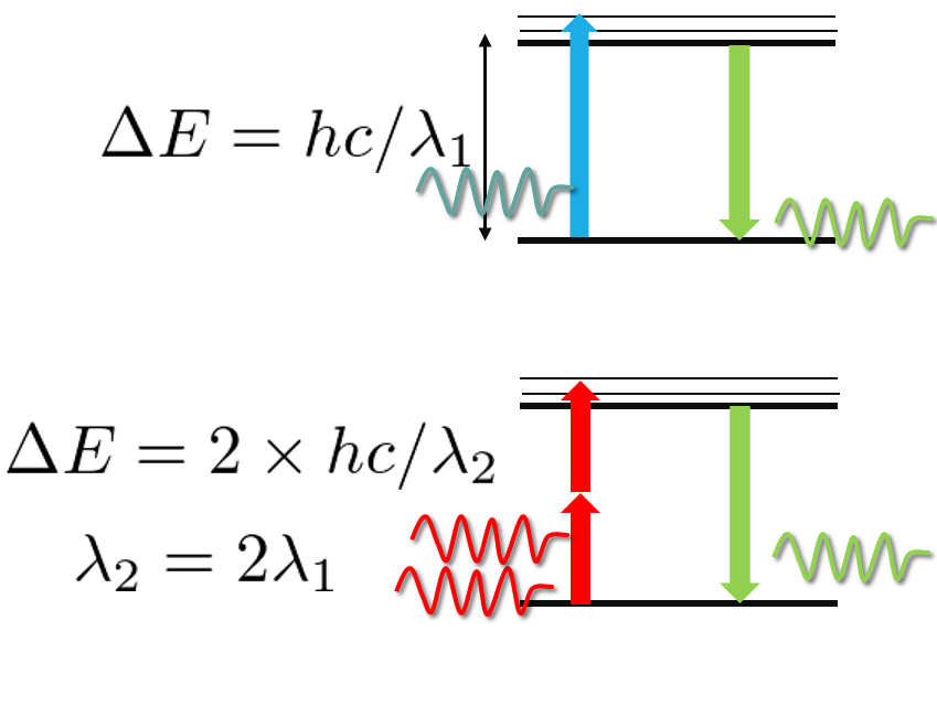 Illustration of single photon vs two photon excitation