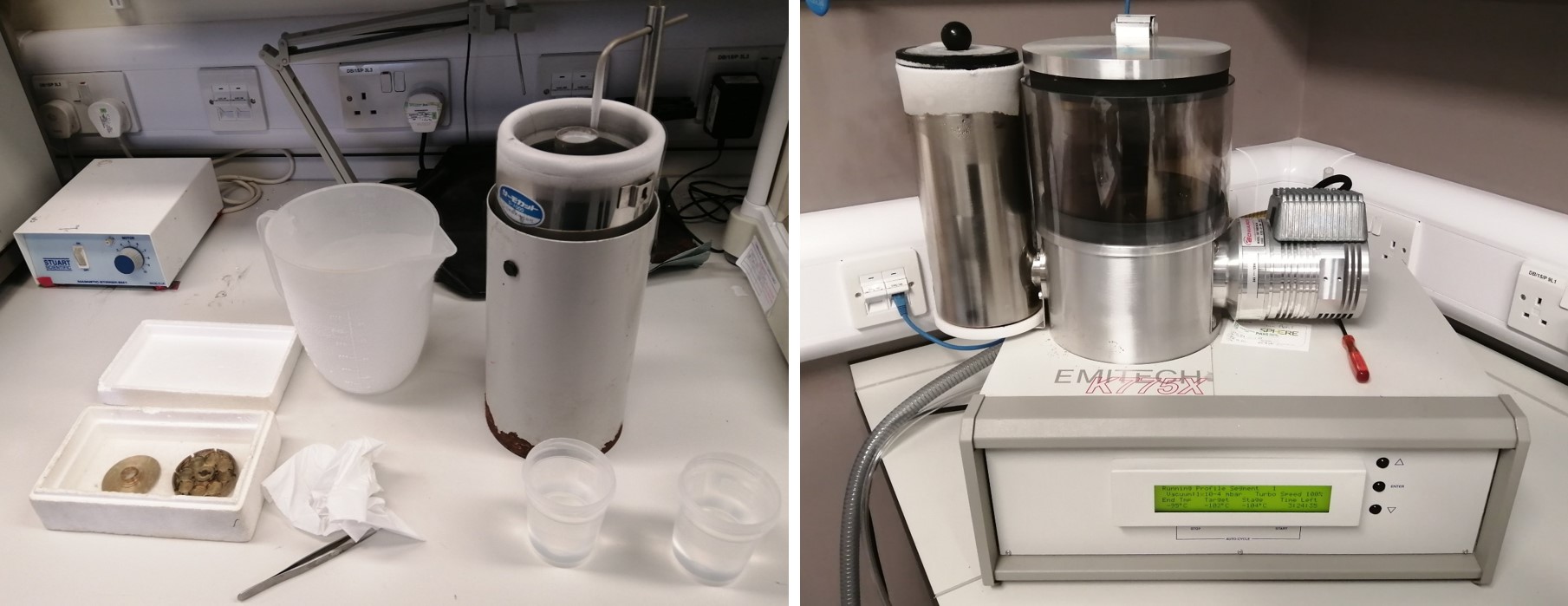 Manual setup for plunge-freezing in liquid ethane (left) and sample transfer via liquid nitrogen-cooled brass inserts to a LN2-cooled freeze-drier (right).