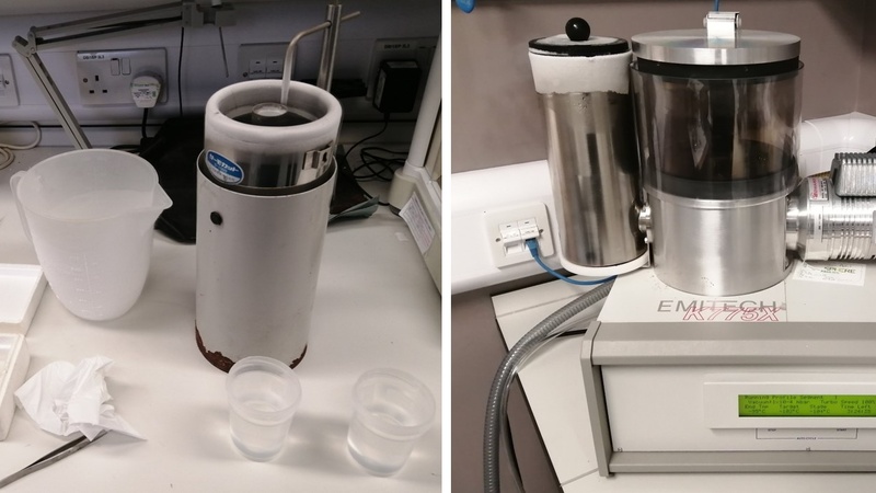 Manual setup for plunge-freezing in liquid ethane (left) and sample transfer via liquid nitrogen-cooled brass inserts to a LN2-cooled freeze-drier (right).