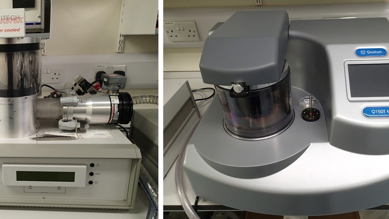 Quorum Emitech K575X metal sputter coater (left) and Quorum Q150T E carbon coater (right).