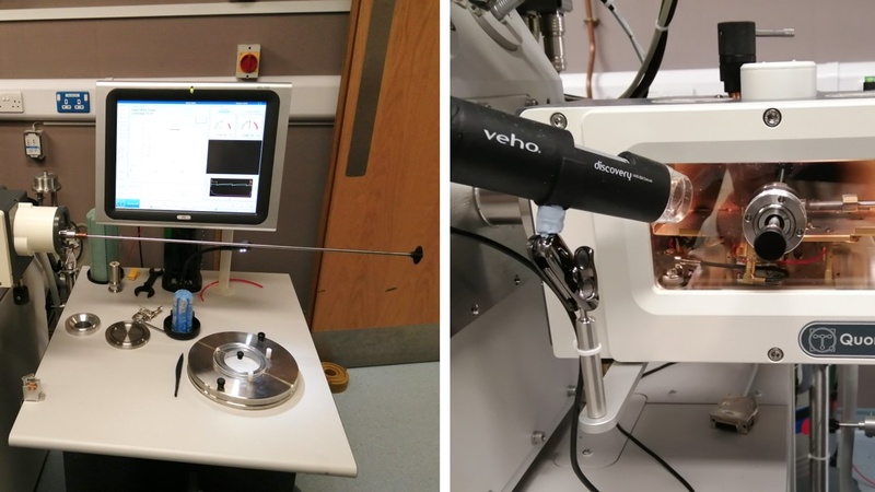 Quorum cryo-prep stage and prep deck with nitrogen flush and transfer rod (left); cryo-prep stage with fracturing knives, sublimation device and sputter coater (right).