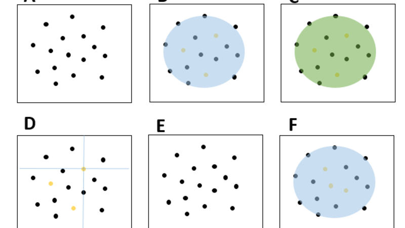 A) Inactive molecules, B) Stochastic activation of a sparse subset of molecules, C) Imaging, D) Localiation of molecules, E) Deactivation before the next iteration in (F). Black and yellow molecules indicate active and inactive molecules respectievely.
