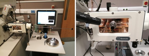 Quorum cryo-prep stage and prep deck with nitrogen flush and transfer rod (left); cryo-prep stage with fracturing knives, sublimation device and sputter coater (right).